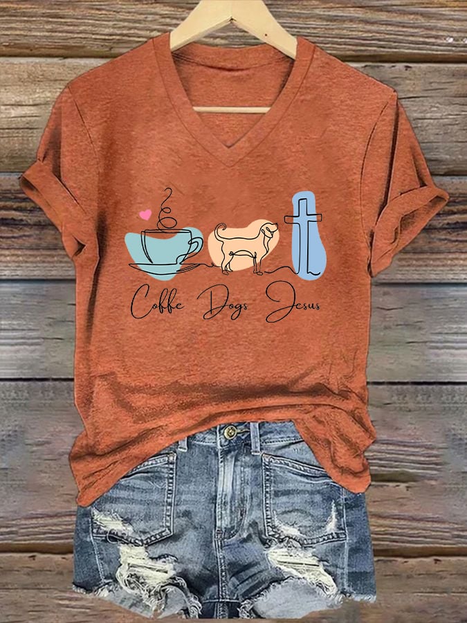 Women's Coffee Dog Jesus Print Casual T-Shirt
