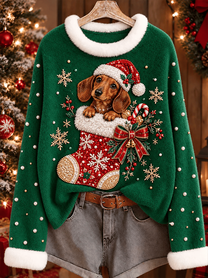 Women's Retro Christmas Dog  Print Top