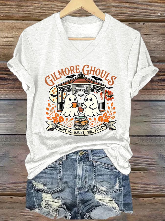 V-Neck Retro Gilmore Ghouls Where You Haunt, I Will Follow Print T-Shirt