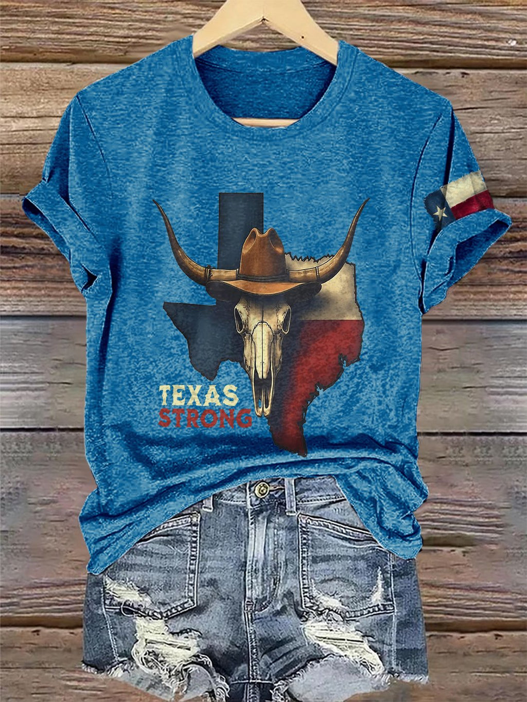 Retro Texas Strong Cow Skull Texas State Flag Print T-Shirt