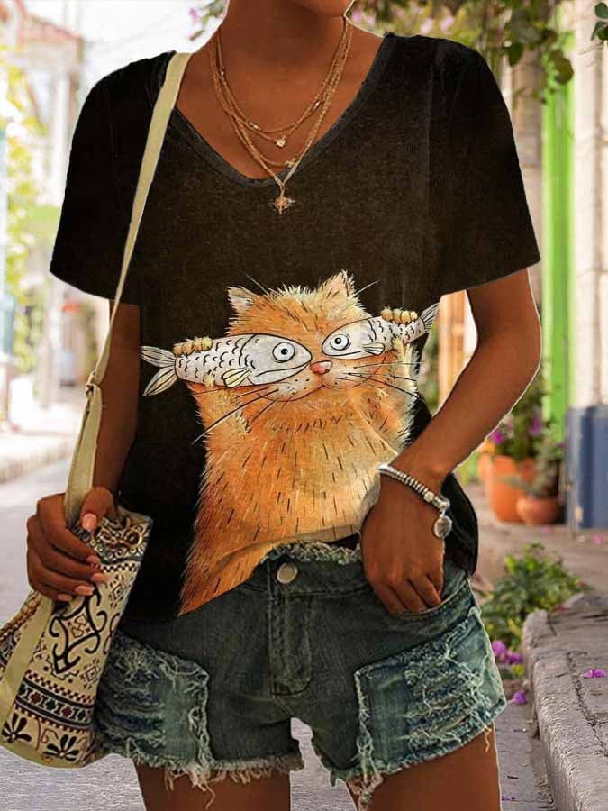 Women’s Retro Funny Cat Print V-Neck T-Shirt