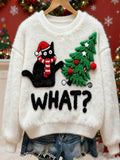Women's Casual Christmas Cat and Tree Print Flannel Sweatshirt