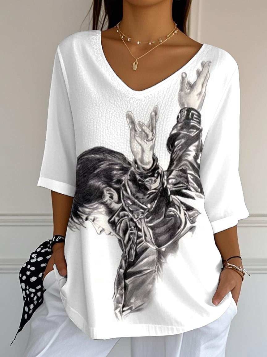 Women's Retro King Of Rock Roll Print Mid Sleeve T-Shirt