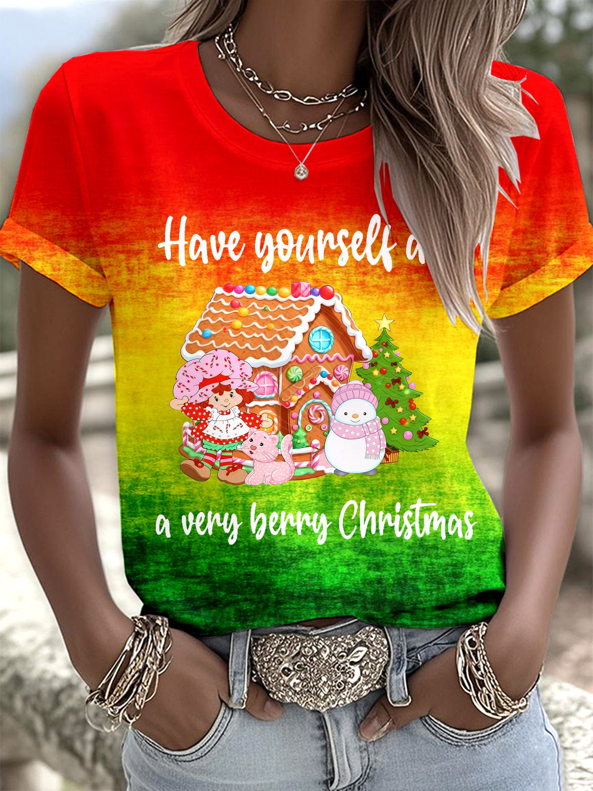 Merry Christmas Printed Round Neck T-Shirt
