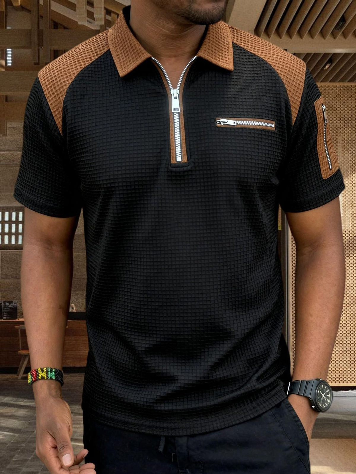 Men's Retro Waffle-Knit Colorblock Half-Zip Polo Shirt