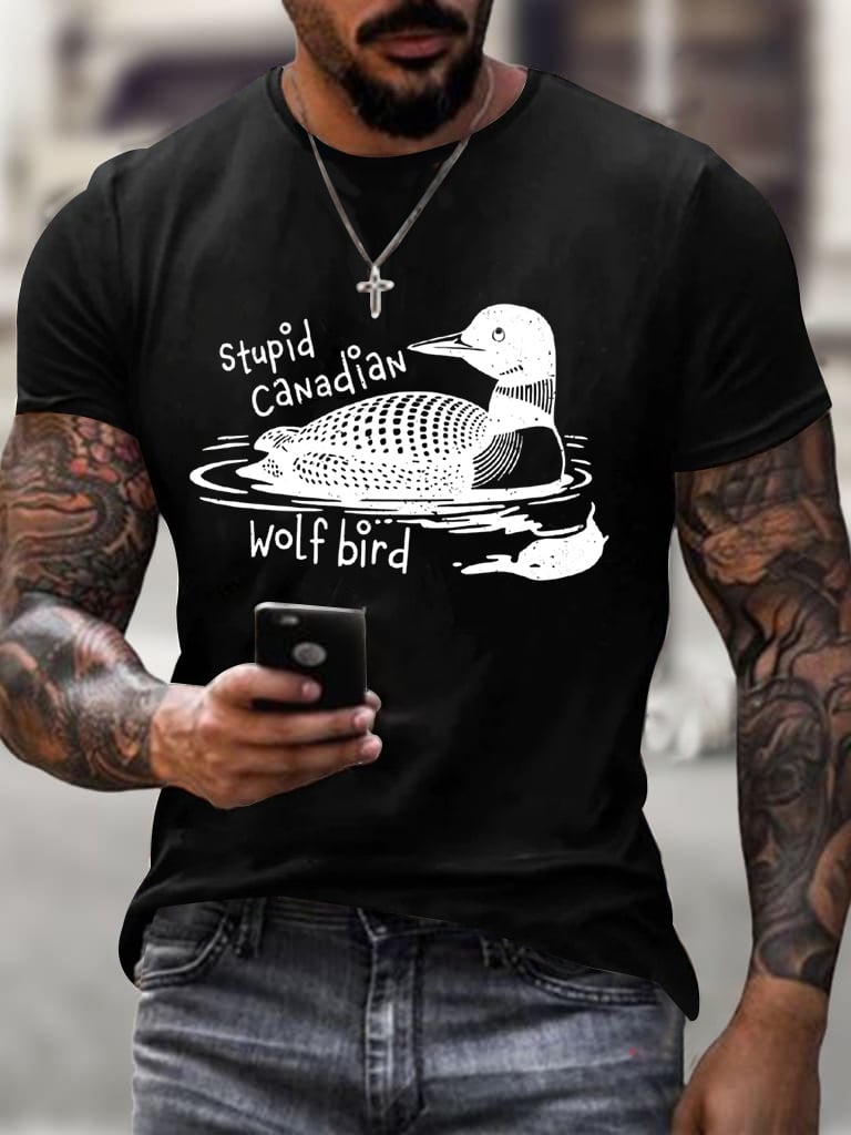 Men's Stupid Canadian Wolf Bird Print T-Shirt
