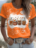 Retro Tie-Dye Fall Pumpkin Spice Latte Pumpkin Maple Leaf Printed Short-Sleeved T-Shirt