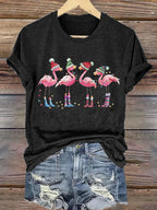 Women's Christmas Flamingo Printed Crew Neck T-Shirt