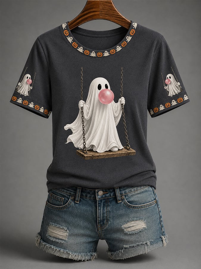 Women's Halloween Cute Ghost Print Casual T-shirt