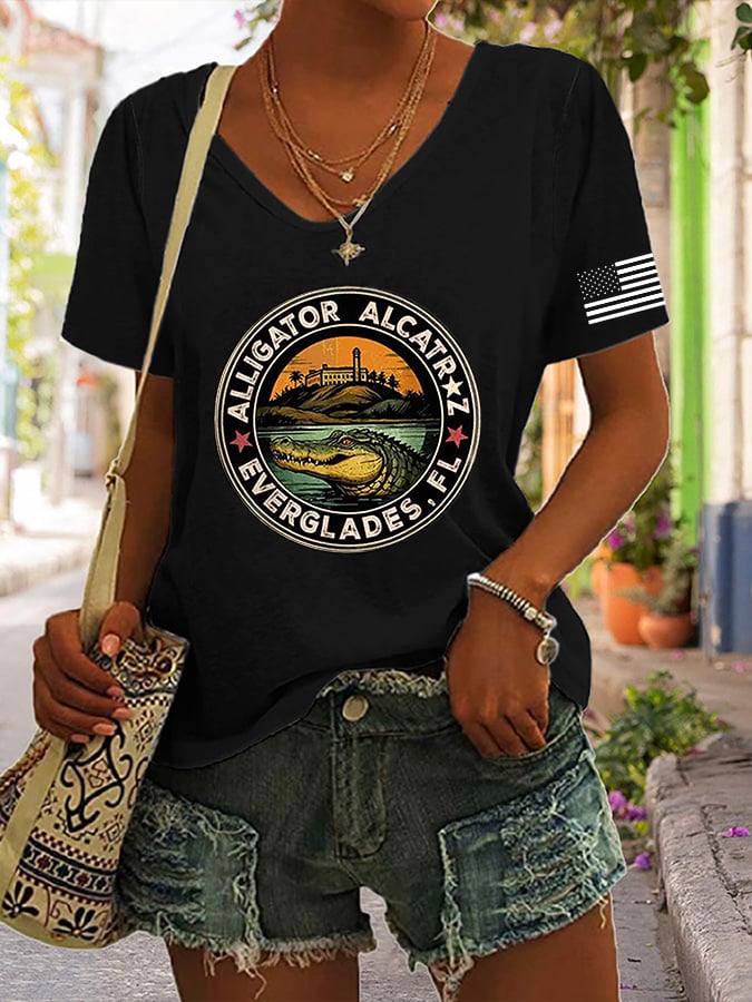 Women's Alligator Alcatraz Funny Florida Everglades Dark Humor Print V Neck Casual T-Shirt