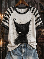 Women's Black Cat Striped Casual T-Shirt