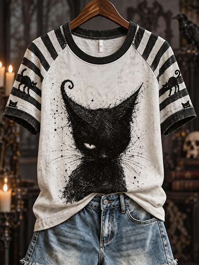 Women's Black Cat Striped Casual T-Shirt