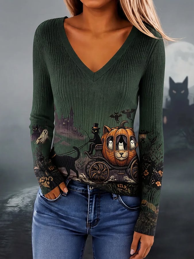 Women's Halloween Scary Pumpkin Face Cat Art Print Top