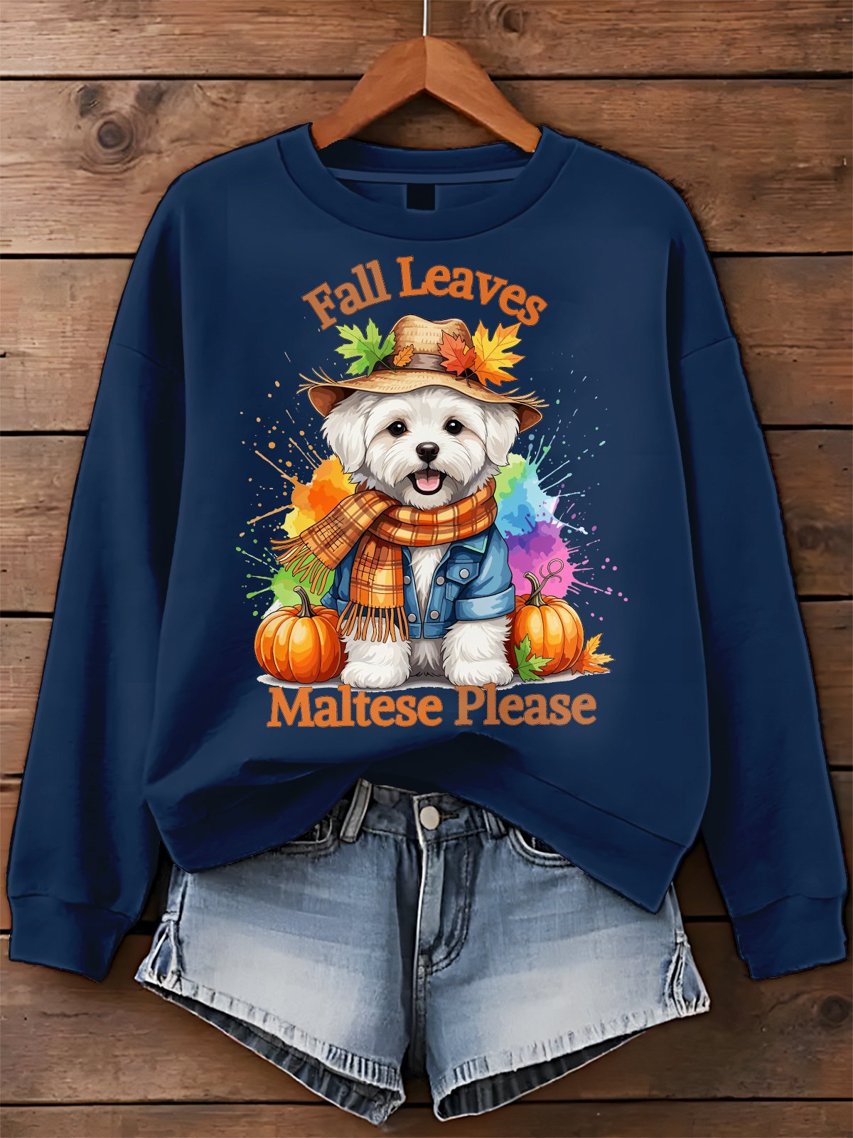Dog Fall Leaves Maltese Please Art Printed Sweatshirt