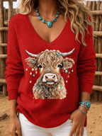 Women's Christmas Highland Cow Print Crew Neck Long Sleeve Top