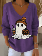 Women's Halloween Ghost Print Knit Long Sleeve Top