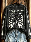 Women's Black Cat and Skull Crewneck Halloween Sweatshirt
