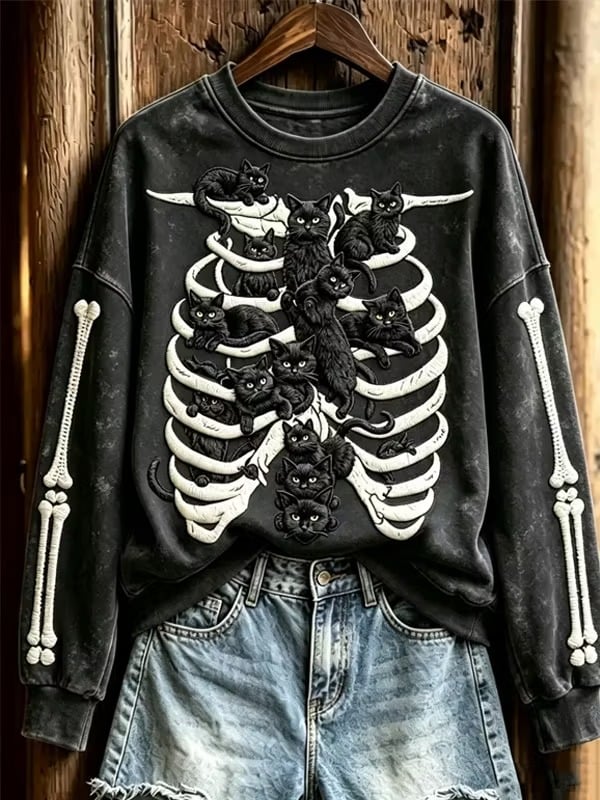 Women's Black Cat and Skull Crewneck Halloween Sweatshirt