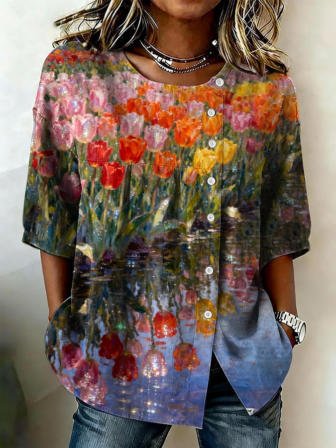 Women's Retro Tulip Cotton-Linen Shirt