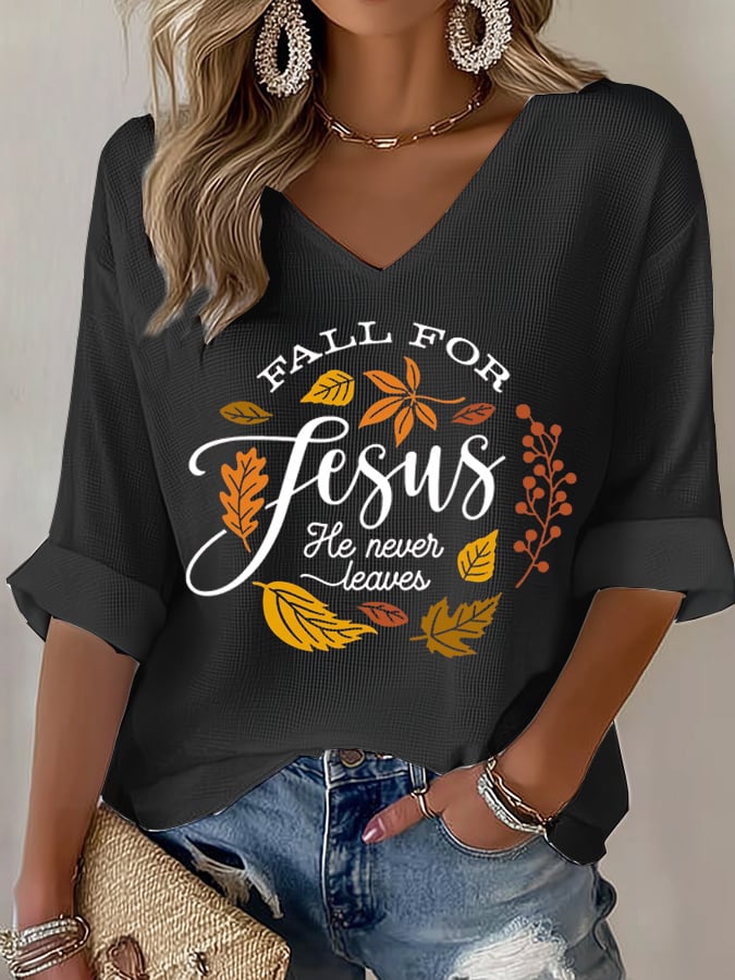 Women's Fall For Jesus He Never Leaves Waffle Long-Sleeved T-Shirt