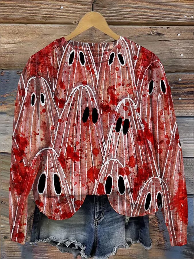 Women's Casual Bloodstained Ghost Pattern Printed Warm Sweatshirt