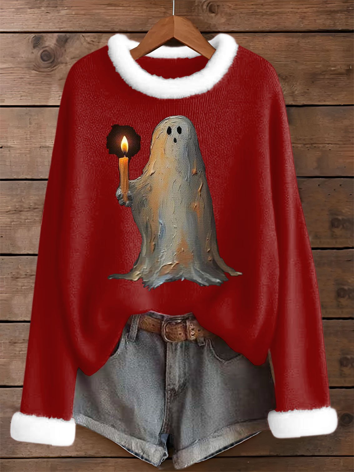 Women's Vintage Halloween Ghost Fur Collar Print Sweater