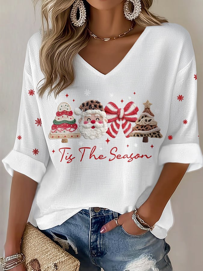 Women's casual Christmas season waffle T-shirt