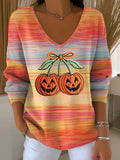 Women's Casual Autumn Pumpkin Stripe Print Long Sleeve T-shirt