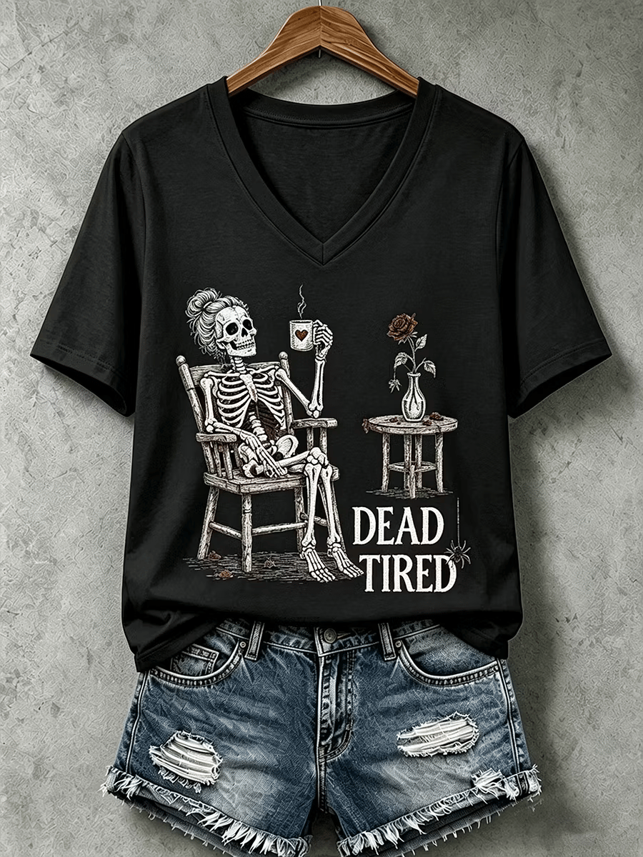 Women's Halloween Dead Tired Print V Neck T-Shirt