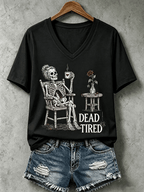 Women's Halloween Dead Tired Print V Neck T-Shirt