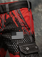 Men's Retro Color-Block Distressed Patriotic Cargo Shorts with Pockets (Belt Not Included)