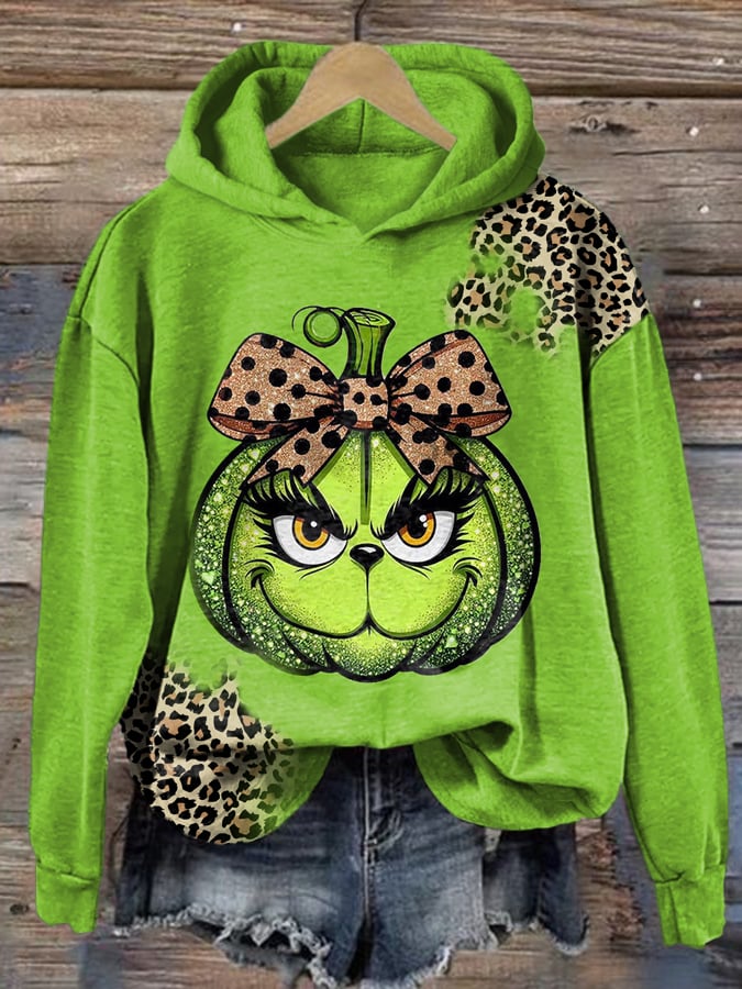 Women's Leopard Pumpkin Print Casual Hooded Sweatshirt