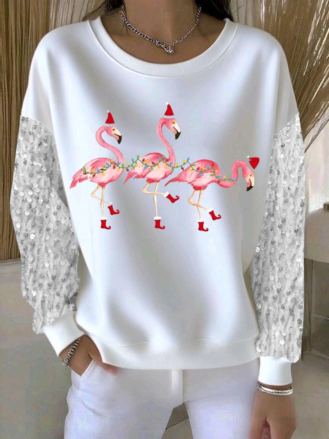 Women's Christmas Flamingo Print Sequin Sleeve Casual Hooded Sweatshirt