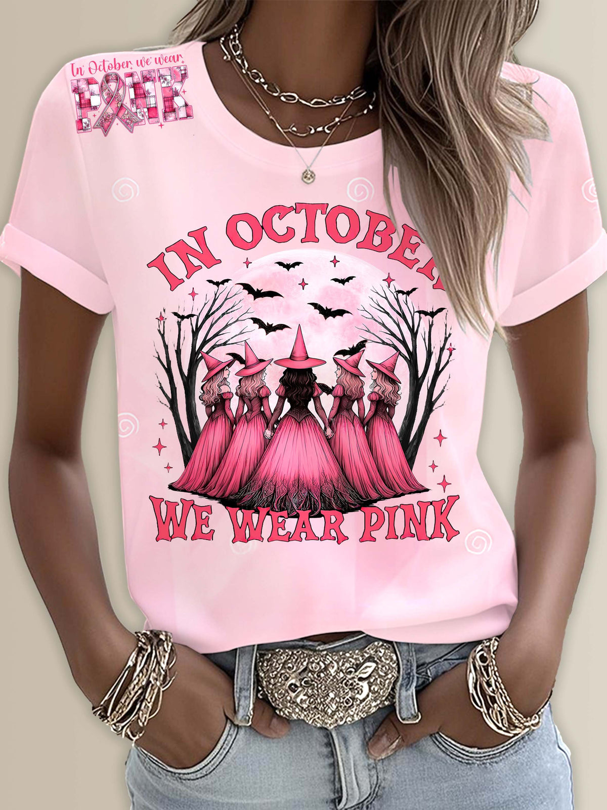 In October We Wear Pink Witches Printed T-shirts