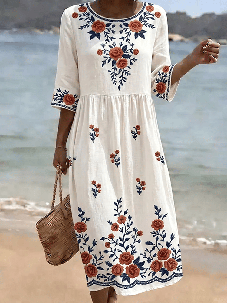 Women's Casual Solid Color Round Neck Mid-Sleeve Floral Print Cotton Linen Dress