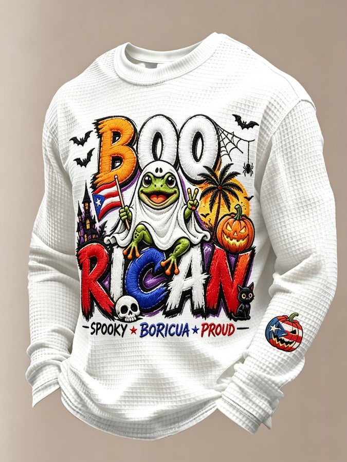 Men's Boricua Halloween Waffle-Knit Long-Sleeve Top