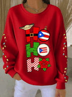 Women's Puerto Rican Christmas Print Knit Crew Neck Long Sleeve Top