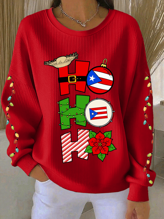 Women's Puerto Rican Christmas Print Knit Crew Neck Long Sleeve Top
