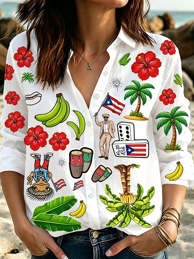 Women's Casual National Puerto Rican Day Parade  Cotton-Linen Shirt