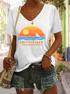 Women's Amity Island 1975 Print V Neck Casual T-Shirt