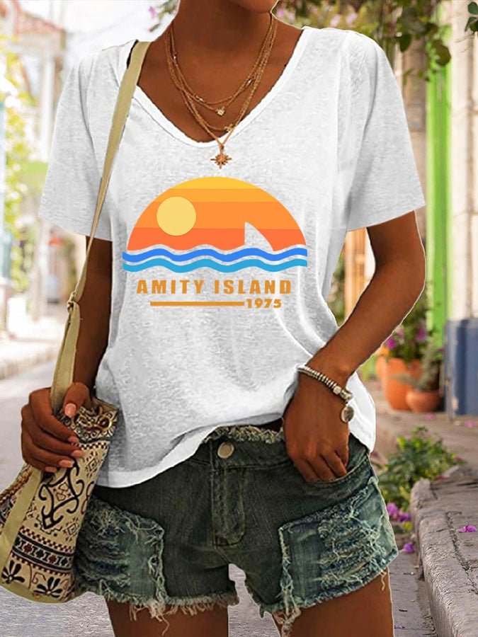 Women's Amity Island 1975 Print V Neck Casual T-Shirt