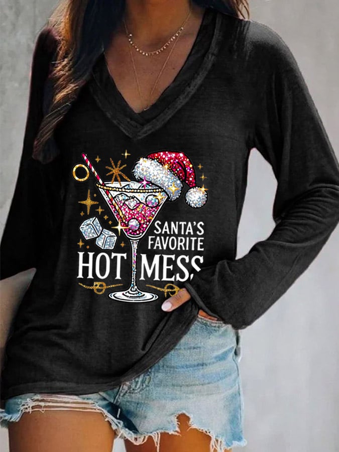 Women's Christmas Santa's Favorite Hot Mess Print V-Neck T-Shirt
