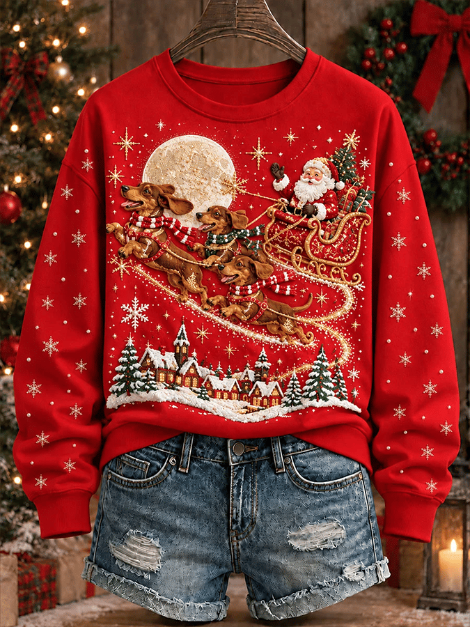 Women's Retro Christmas Dog  Print Top