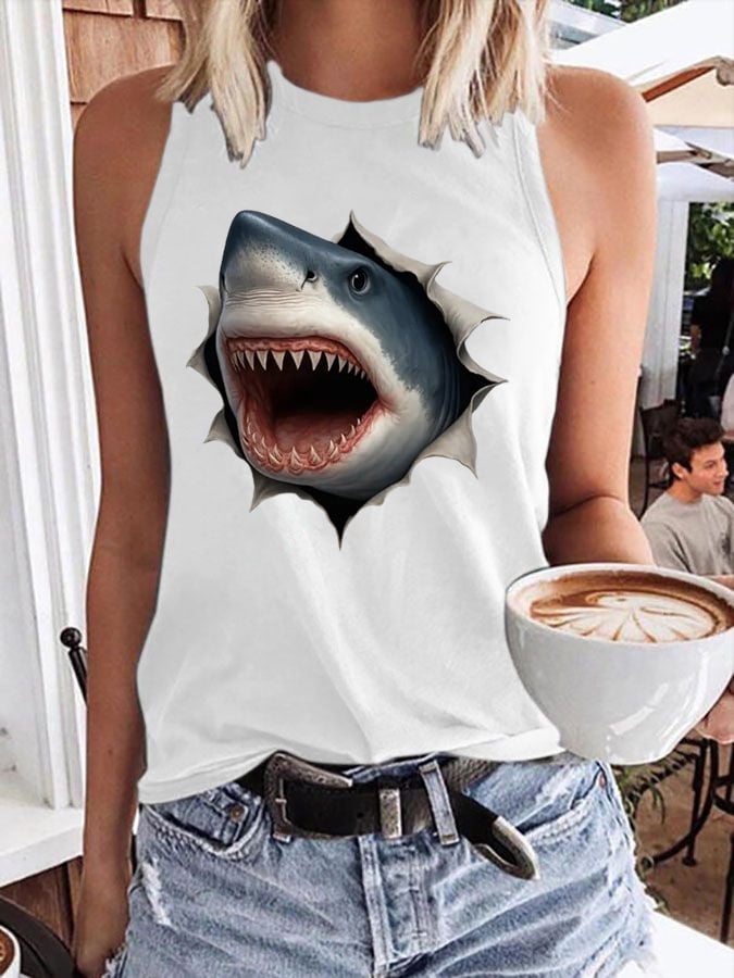 Women's Cute Great White Shark Print Tank Top