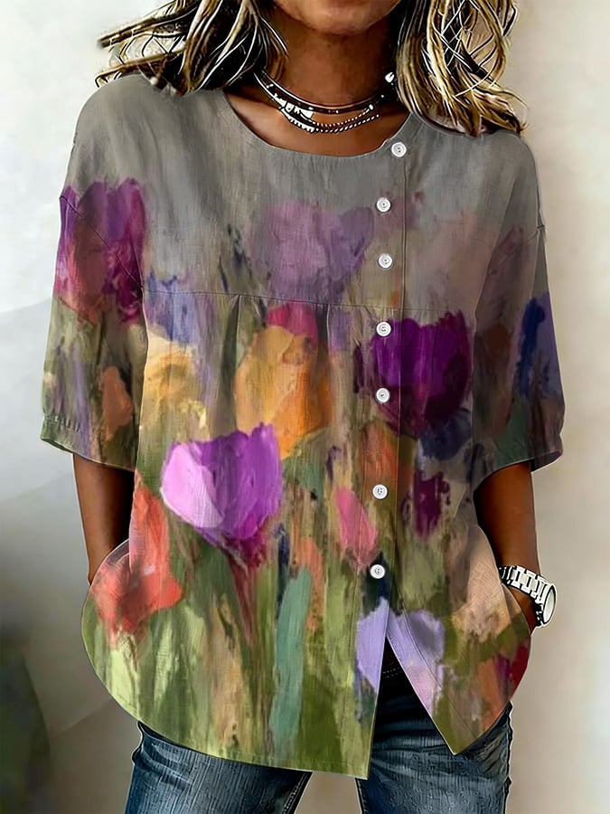 Women's Spring Cotton-Linen Shirt (Oil Painting Style)