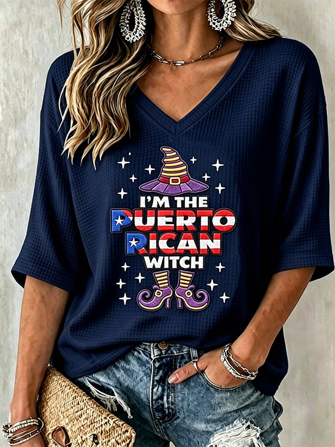 Women's Halloween In Puerto Rico Print Waffle-Knit Top