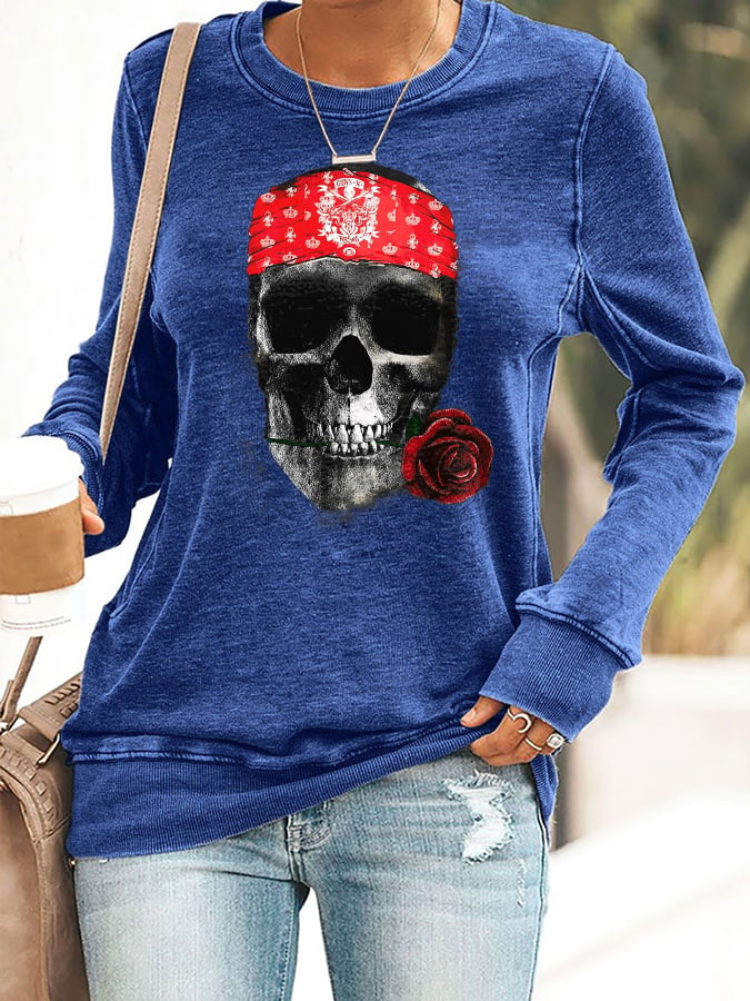 Retro Rock Skull And Rose Print Sweatshirt