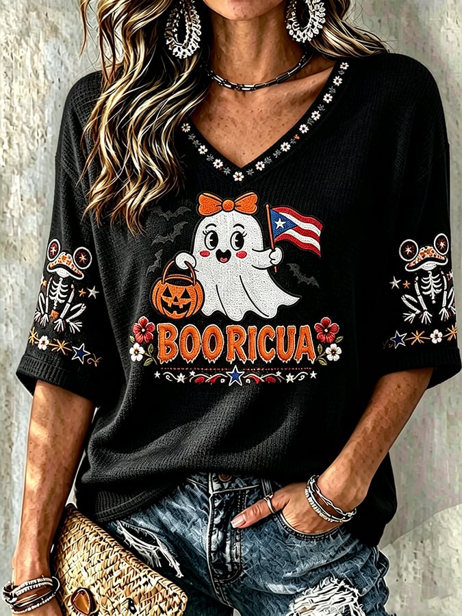 Women's Halloween In Puerto Rico Print Waffle-Knit Top