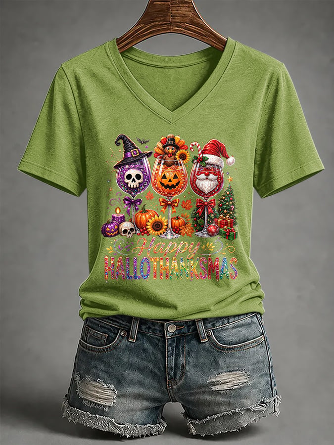 🔥🔥2nd 50% Off 🔥🔥V-Neck Retro Happy Hallothanksmas Halloween Thanksgiving Christmas  Red Wine Glass Skull Turkey Santa Claus Print T-Shirt