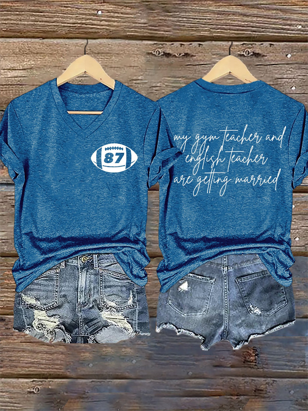 V-Neck Retro 87 Football My English Teacher And Gym Teacher Are Getting Married Print T-Shirt